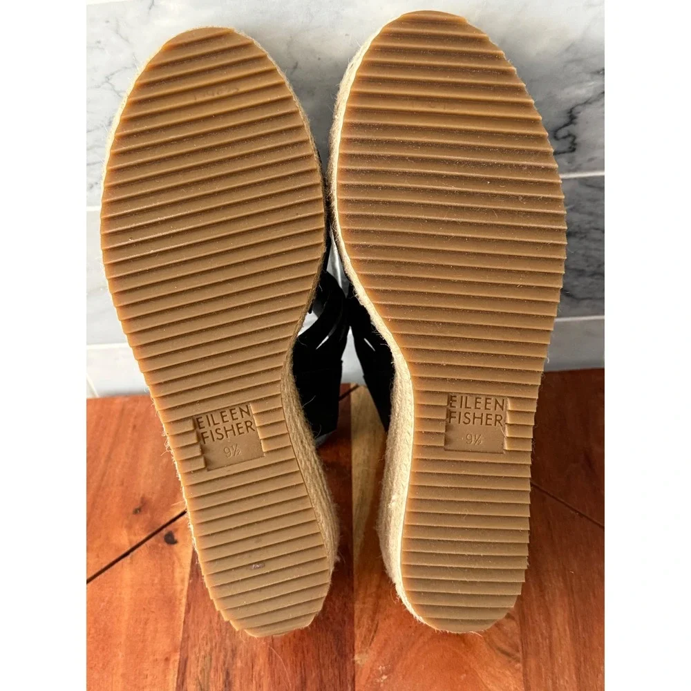 Eileen Fisher Largo Espadrille Black Wedge Sandals Multi Strap Platform Size 9.5